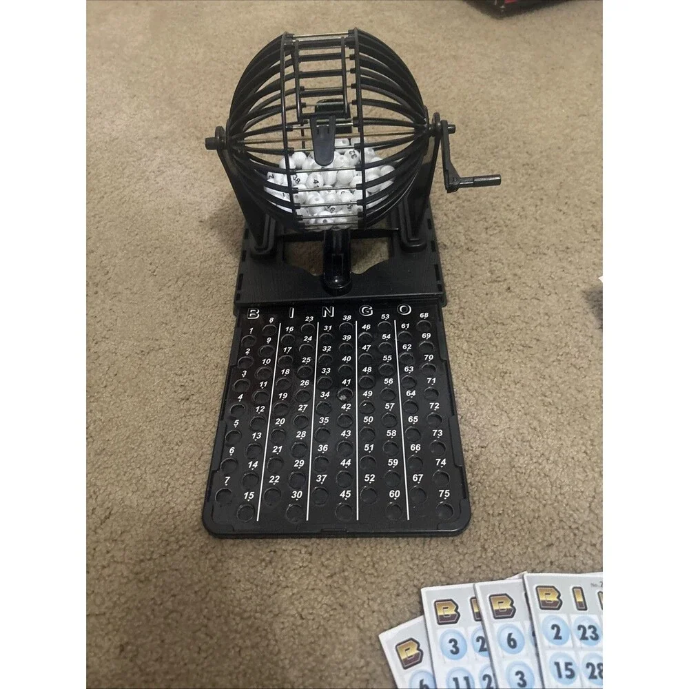 Black Metal Bingo Ball Roller Tumbler Hopper w 1/2-inch Numbered Balls 5x4” Cage